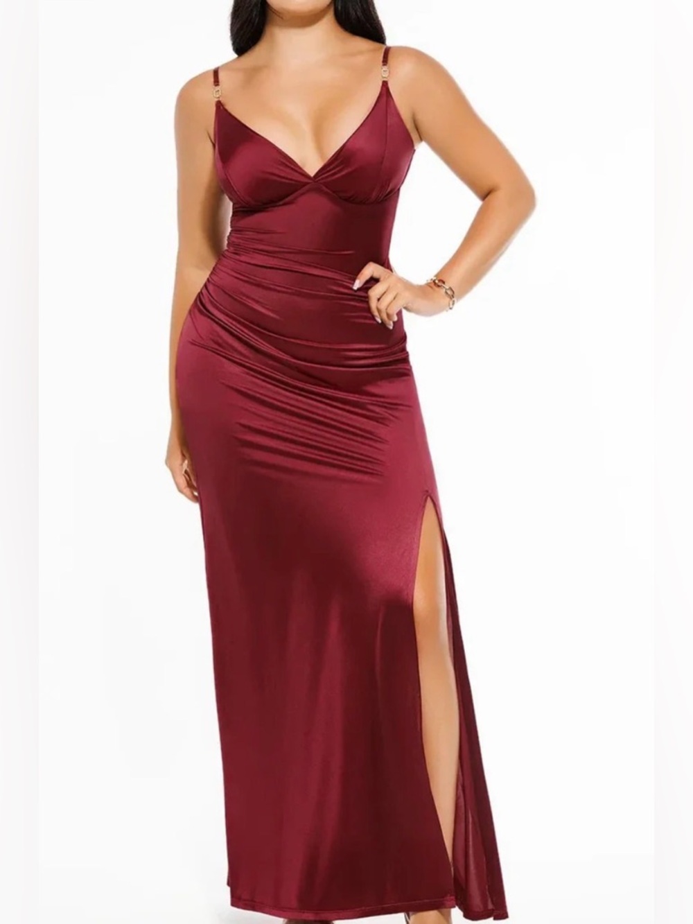 Women’s Burgundy Maxi Slip Dress with Side Slit